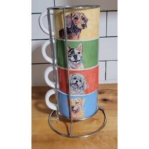 Pier 1 Stack-able Dog Mugs with Holder Collectible Puppy Multi Color Coffee Cups